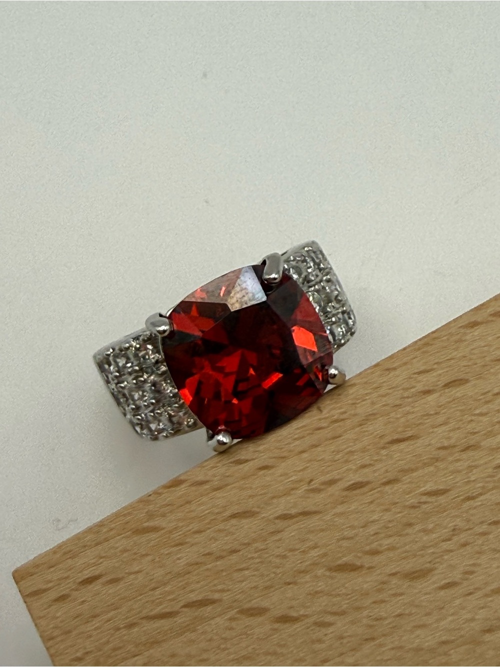 Red Cushion Cut Statement Ring Clear Accent Stones Silver Tone Size 8.5